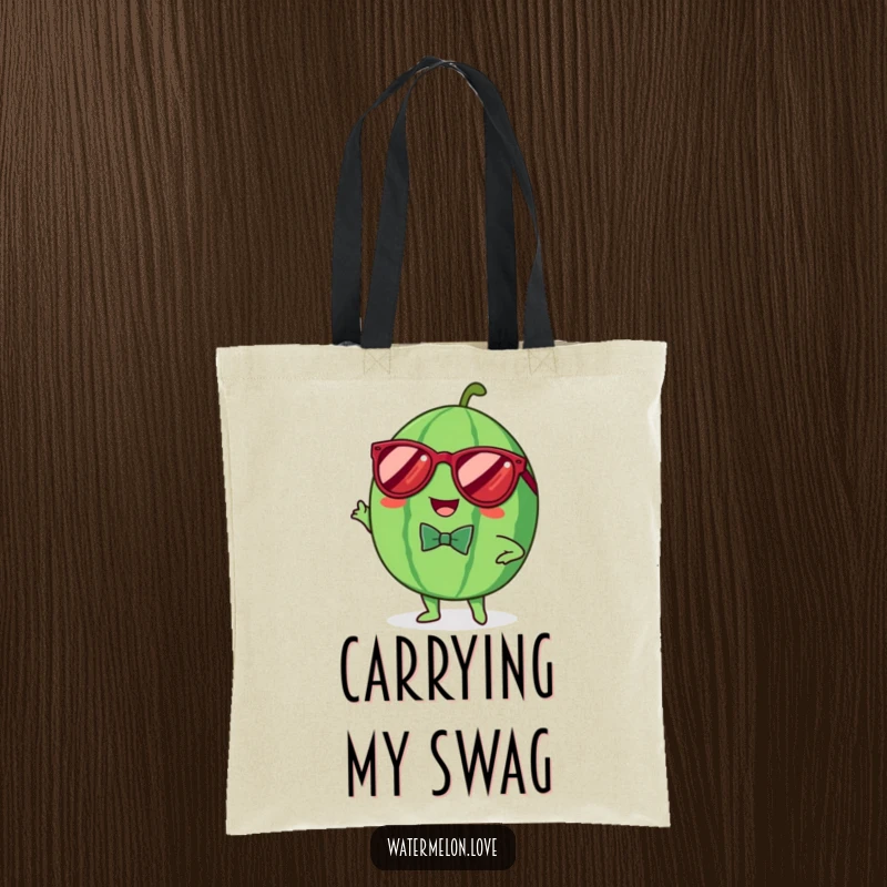 Funny tote bag featuring a cheerful Kawaii watermelon with sunglasses and bowtie, striking a pose, perfect for stylish and humorous transport.