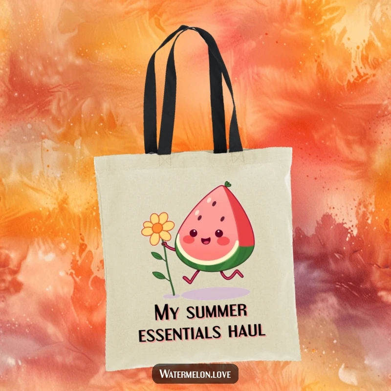 Funny kawaii watermelon with legs skipping cheerfully alongside a flower, printed on a durable tote bag, a wonderfully humorous gift.