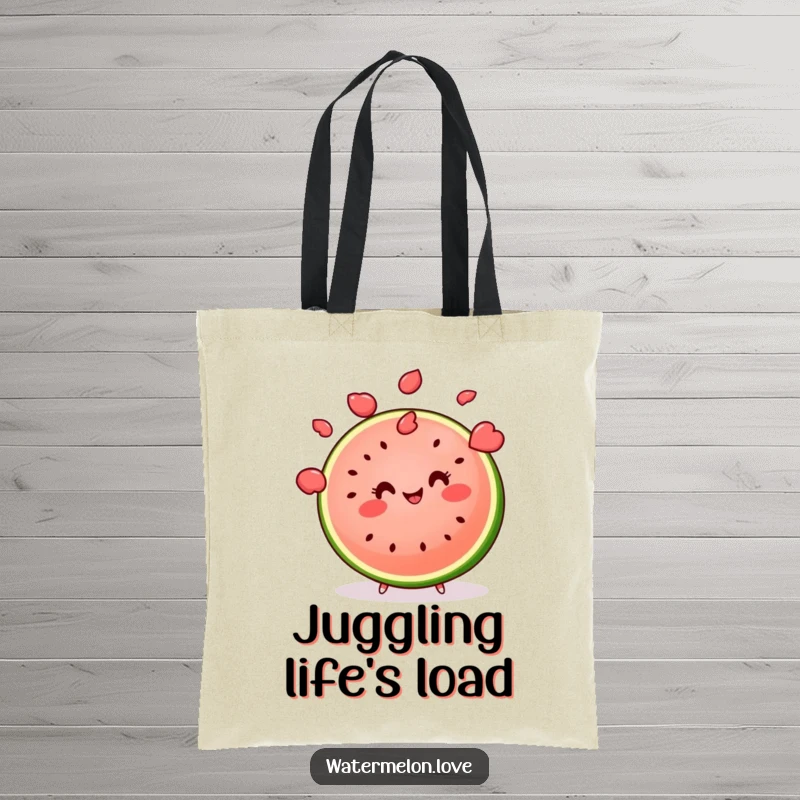 Funny kawaii watermelon slice juggling multiple seeds with a smile, a humorous and practical tote bag.
