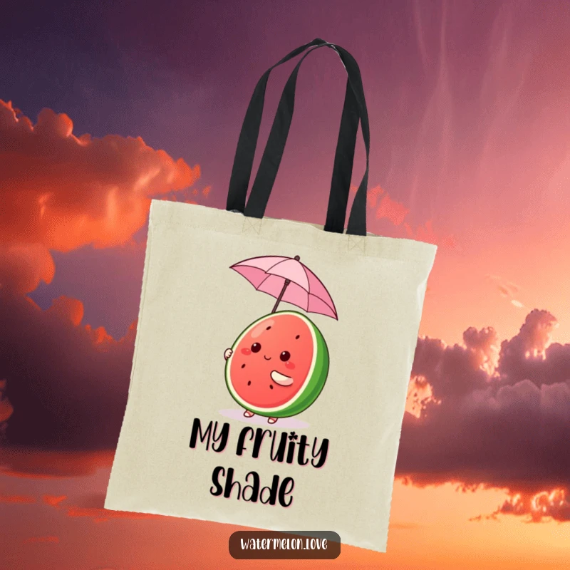 Funny Kawaii Watermelon Tote Bag, cute fruit character comically balancing a tiny umbrella, cheerful and practical funny gift.