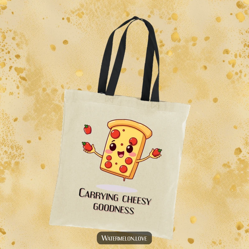 Funny pizza tote bag, durable sack with anthropomorphic pizza slice juggling pepperoni joyfully, practical and humorous accessory.