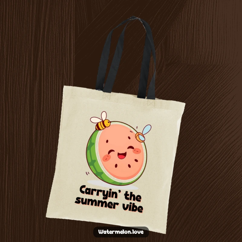 Funny tote bag featuring a giggling segmented watermelon slice in comical pursuit of a flying bee, a vibrant and humorous illustration.