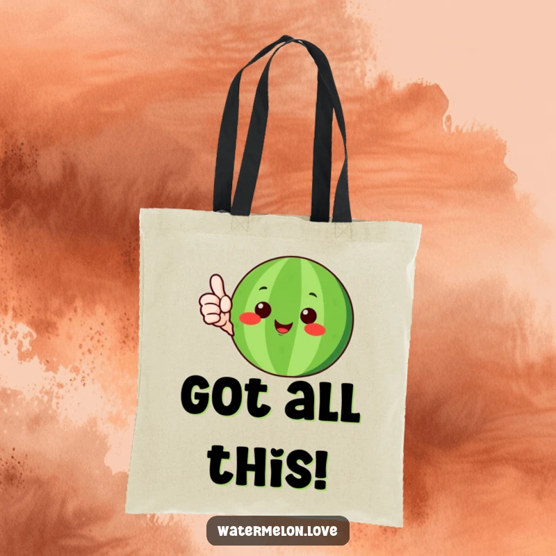 Funny watermelon character with green rind giving a happy thumbs-up, printed on a durable tote bag, a humorous and useful gift.