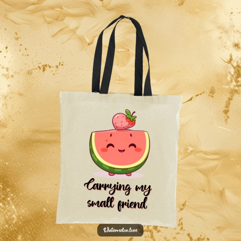 Happy watermelon slice tote bag skillfully balancing a tiny, smiling berry on its head, representing sweet partnerships and everyday joy.