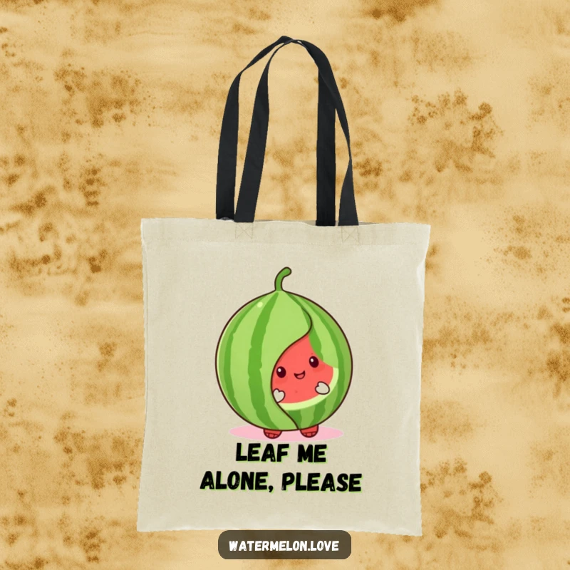 Cute watermelon character tote bag peeking from behind a large, friendly leaf, perfect for carrying treasures with a touch of playful mystery.