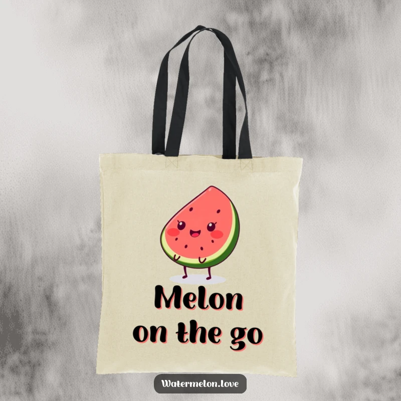 Funny Kawaii watermelon slice tote bag with a happy bouncing character, perfect for groceries and a touch of daily fun.