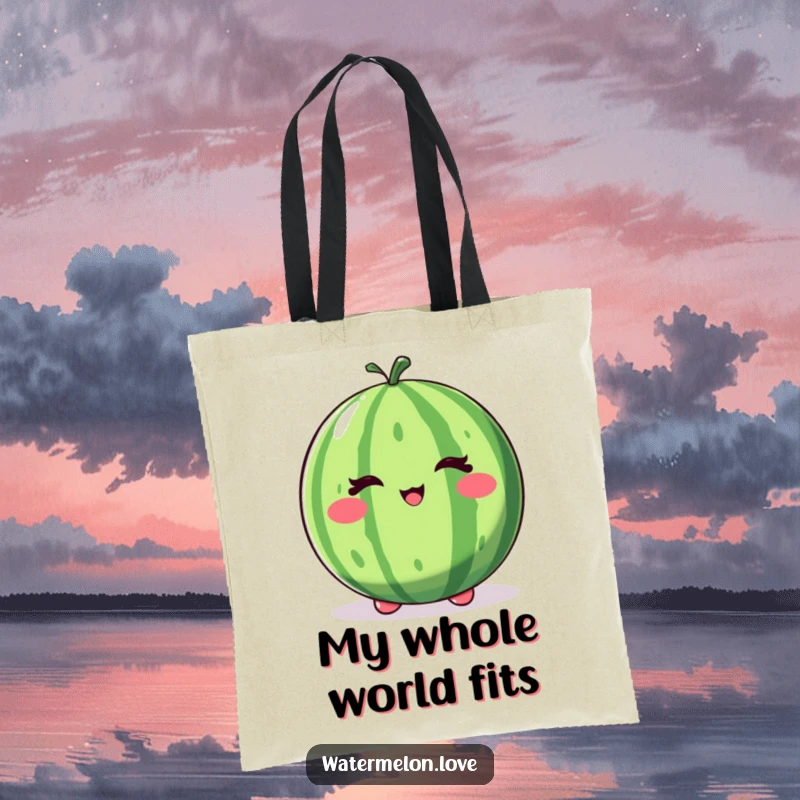 Funny winking watermelon tote bag, a whole fruit character with a playful wink and bounce, ready for errands.